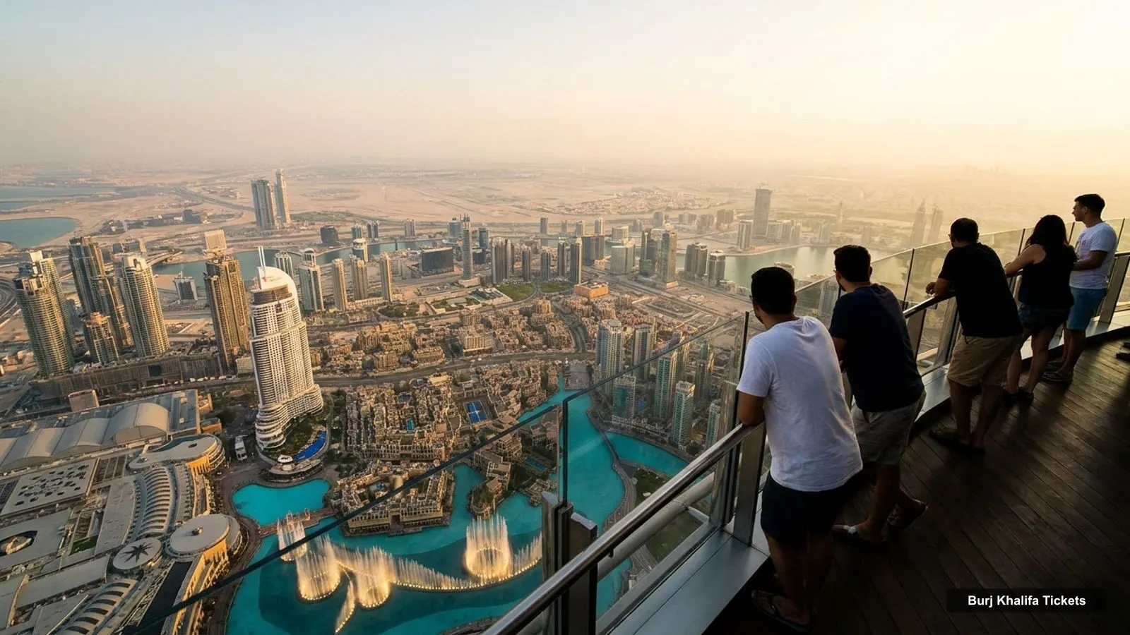 Burj Khalifa Tickets – view from the observation deck over Downtown Dubai, the Dubai Fountain and the Persian Gulf coast