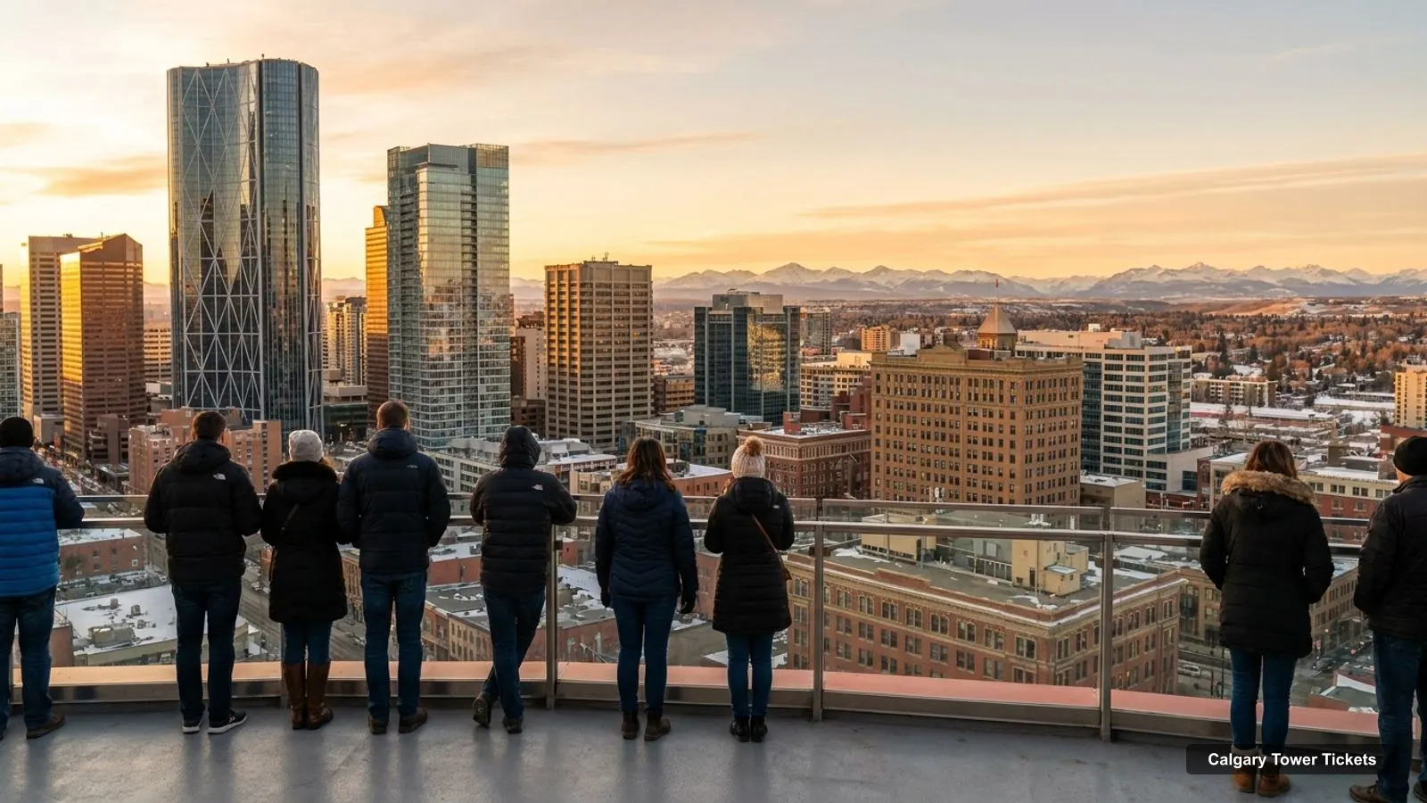 Calgary Tower Tickets – view from the observation deck over downtown Calgary with the Rocky Mountains on the horizon